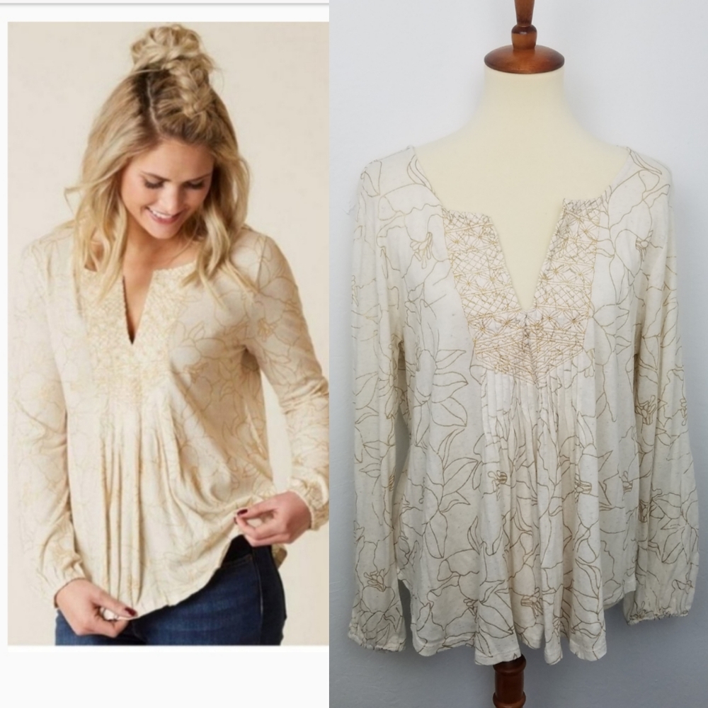 Lucky Brand Gold & Cream Popover Blouse Sz Large